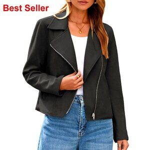 Faux Suede Cropped Biker Jacket with Zipper Front and Side Pockets